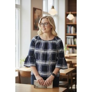 HANNAH WOMAN 2X Navy White Plaid Bell Sleeve Gathered Neck Blouse Top Plus